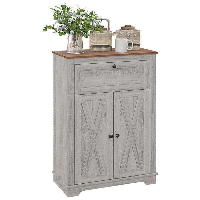 HOMCOM Farmhouse Barn Door Accent Cabinet, Kitchen Sideboard Storage Cabinet with Double Doors, Drawer, and Adjustable Shelf
