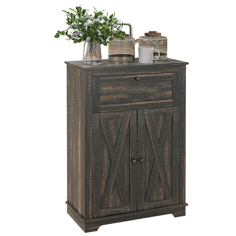 HOMCOM Farmhouse Barn Door Accent Cabinet, Kitchen Sideboard Storage Cabinet with Double Doors, Drawer, and Adjustable Shelf