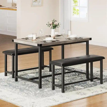 Dining Table Set for 4, Kitchen Table with 2 Upholstered Benches