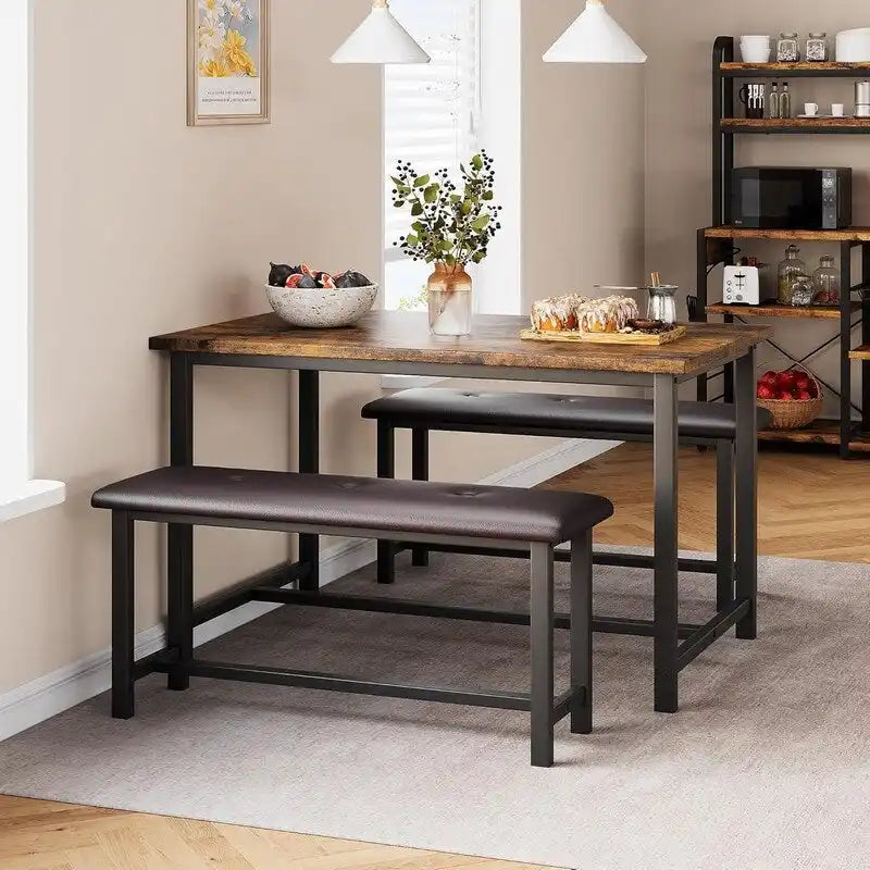 Dining Table Set for 4, Kitchen Table with 2 Upholstered Benches