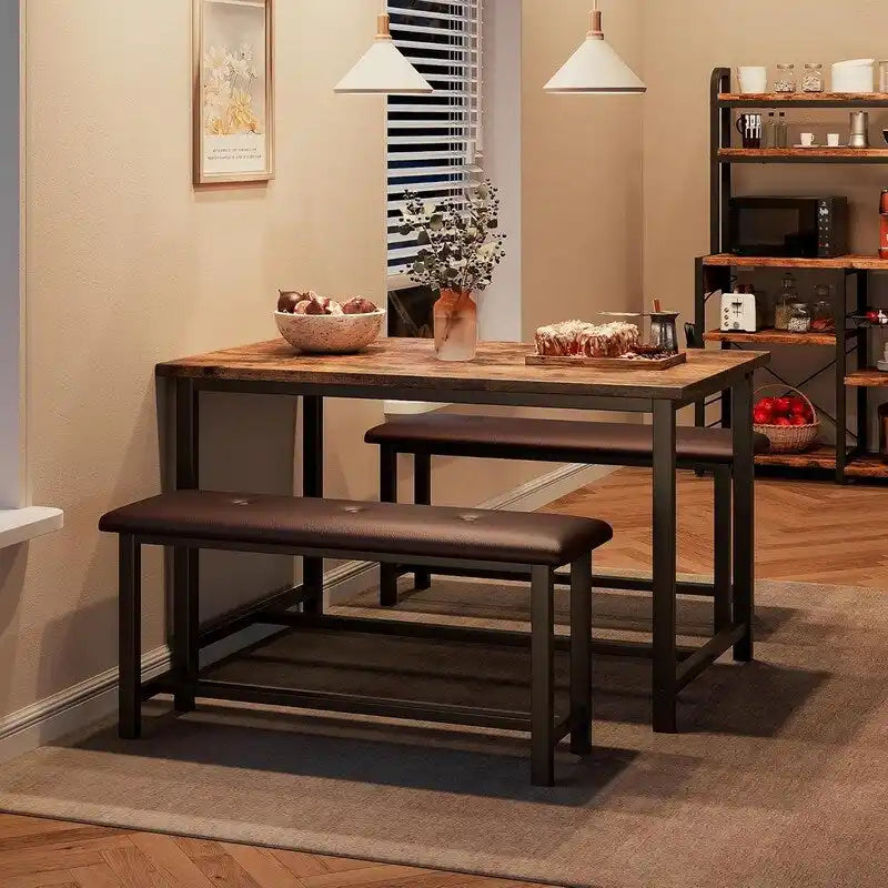 Dining Table Set for 4, Kitchen Table with 2 Upholstered Benches