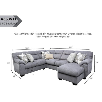 American Furniture Classics Cabral Slate Model A353V11-K23 U Shaped Sectional with 6 Throw Pillows