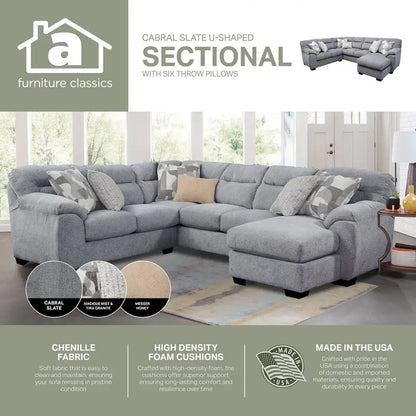 American Furniture Classics Cabral Slate Model A353V11-K23 U Shaped Sectional with 6 Throw Pillows