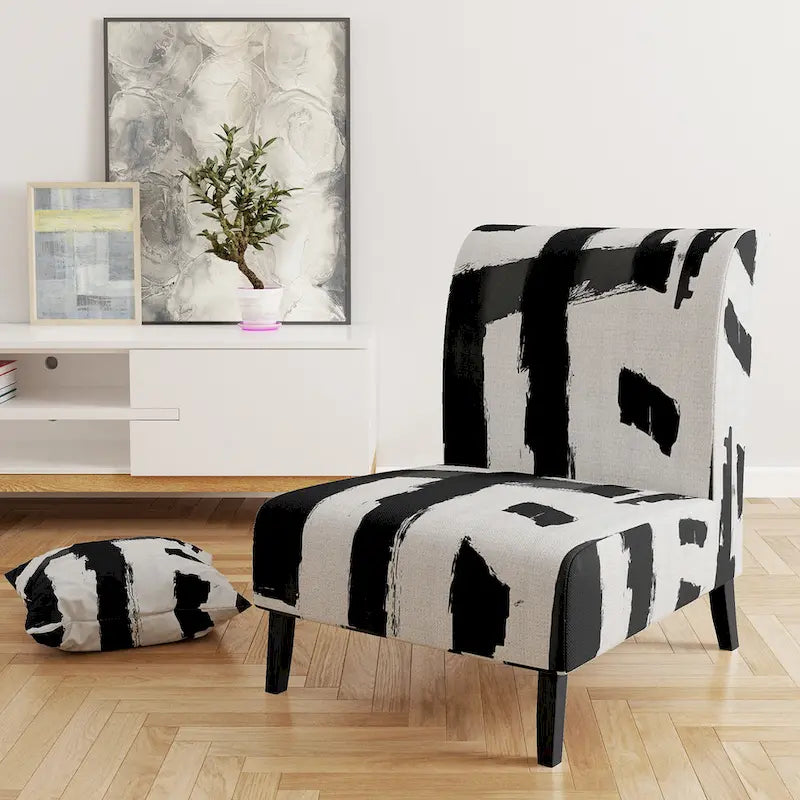 Designart Black & White Crossing Paths II Upholstered Abstract Accent Chair - Modern Arm Chair For Living Room
