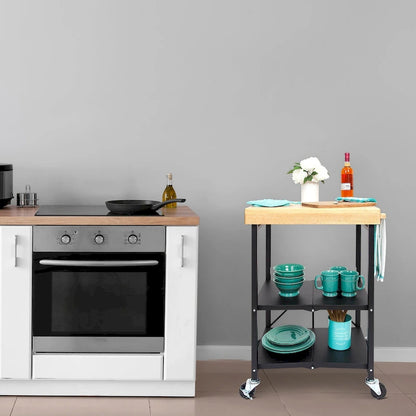 Origami Foldable Wheeled Portable Solid Wood Top Kitchen Island Bar Cart, Silver