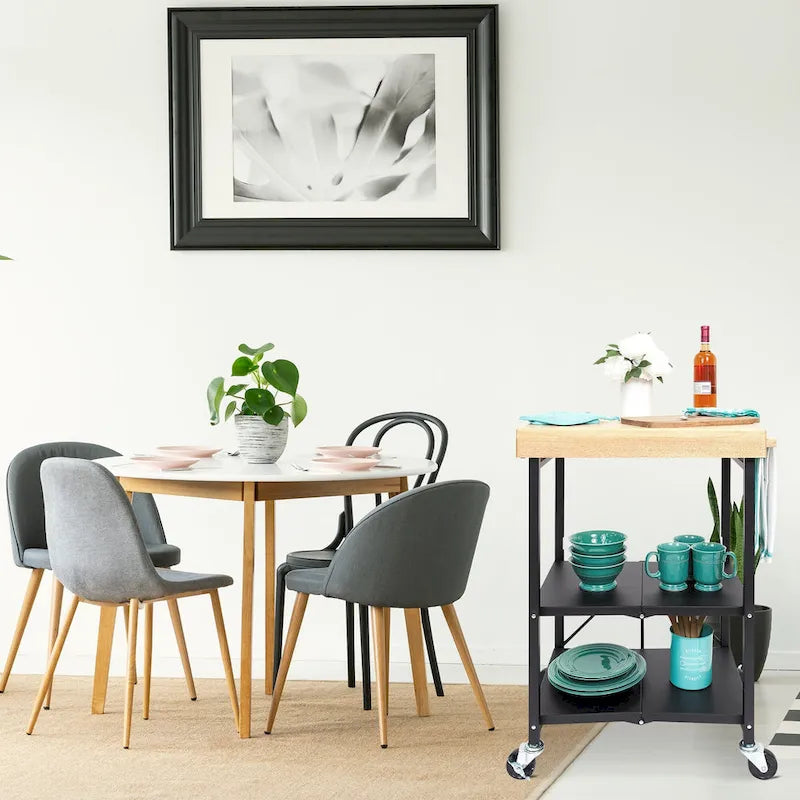 Origami Foldable Wheeled Portable Solid Wood Top Kitchen Island Bar Cart, Silver