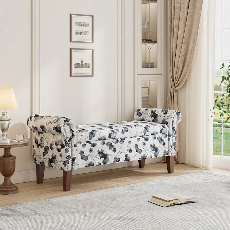 Wallen Traditional Rolled Arm Storage Bench Ottoman with Nailheads