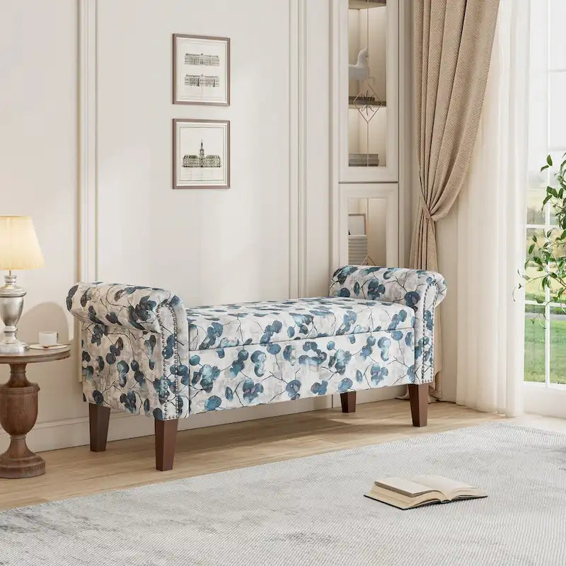 Wallen Traditional Rolled Arm Storage Bench Ottoman with Nailheads