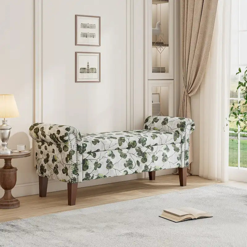 Wallen Traditional Rolled Arm Storage Bench Ottoman with Nailheads