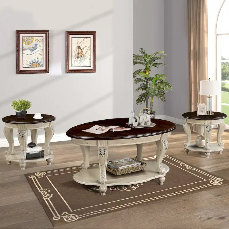 Coffee Table Set, Coffee Table & Two End Side Table 3-Piece Set for Office, Living Room, Chipped White and Cherry Top