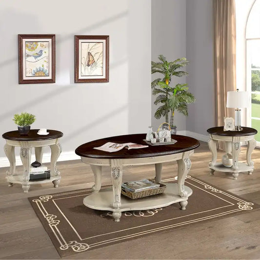 Coffee Table Set, Coffee Table & Two End Side Table 3-Piece Set for Office, Living Room, Chipped White and Cherry Top