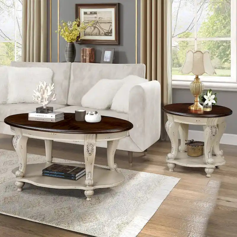 Coffee Table Set, Coffee Table & Two End Side Table 3-Piece Set for Office, Living Room, Chipped White and Cherry Top