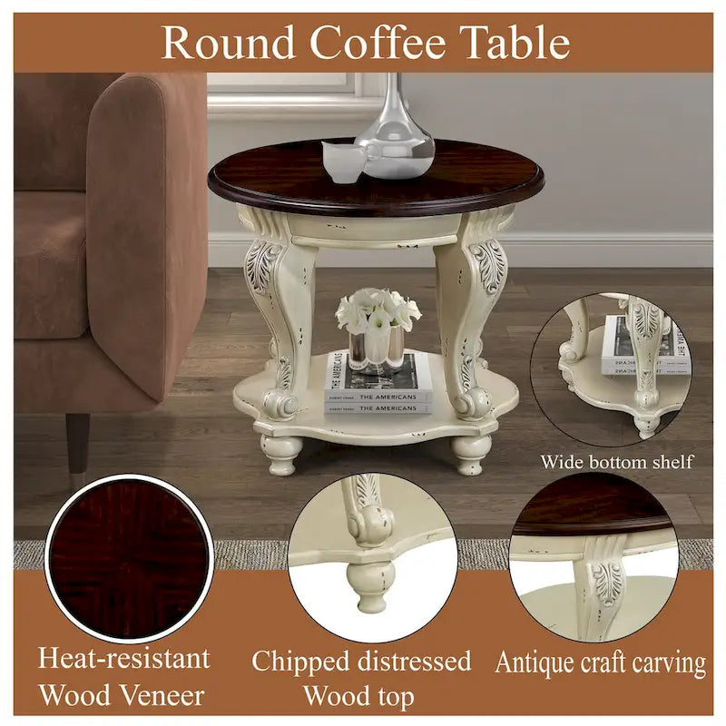 Coffee Table Set, Coffee Table & Two End Side Table 3-Piece Set for Office, Living Room, Chipped White and Cherry Top