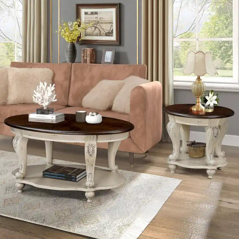 Coffee Table Set, Coffee Table & Two End Side Table 3-Piece Set for Office, Living Room, Chipped White and Cherry Top